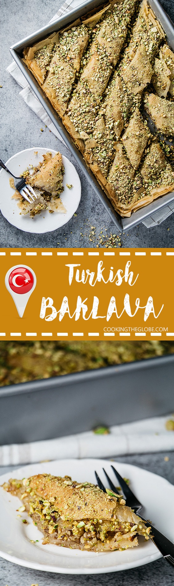 This Turkish baklava version features pistachios and walnuts inside and lemony sugar syrup all over it. So good you will lick your fingers clean! | cookingtheglobe.com