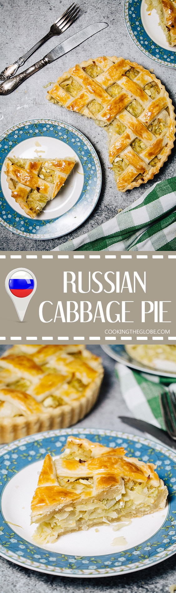 Cabbage pie is one of the most famous Russian dishes. Rich and buttery crust filled with a classic mixture of braised cabbage and boiled eggs! | cookingtheglobe.com