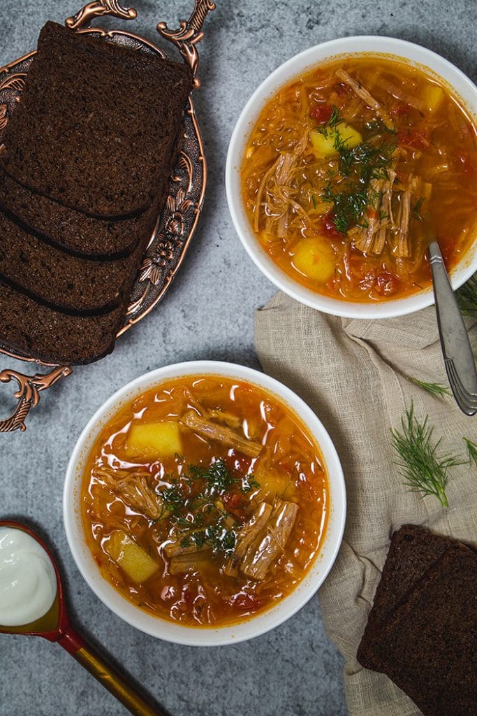 The sour version of the traditional Russian Cabbage Soup made with sauerkraut