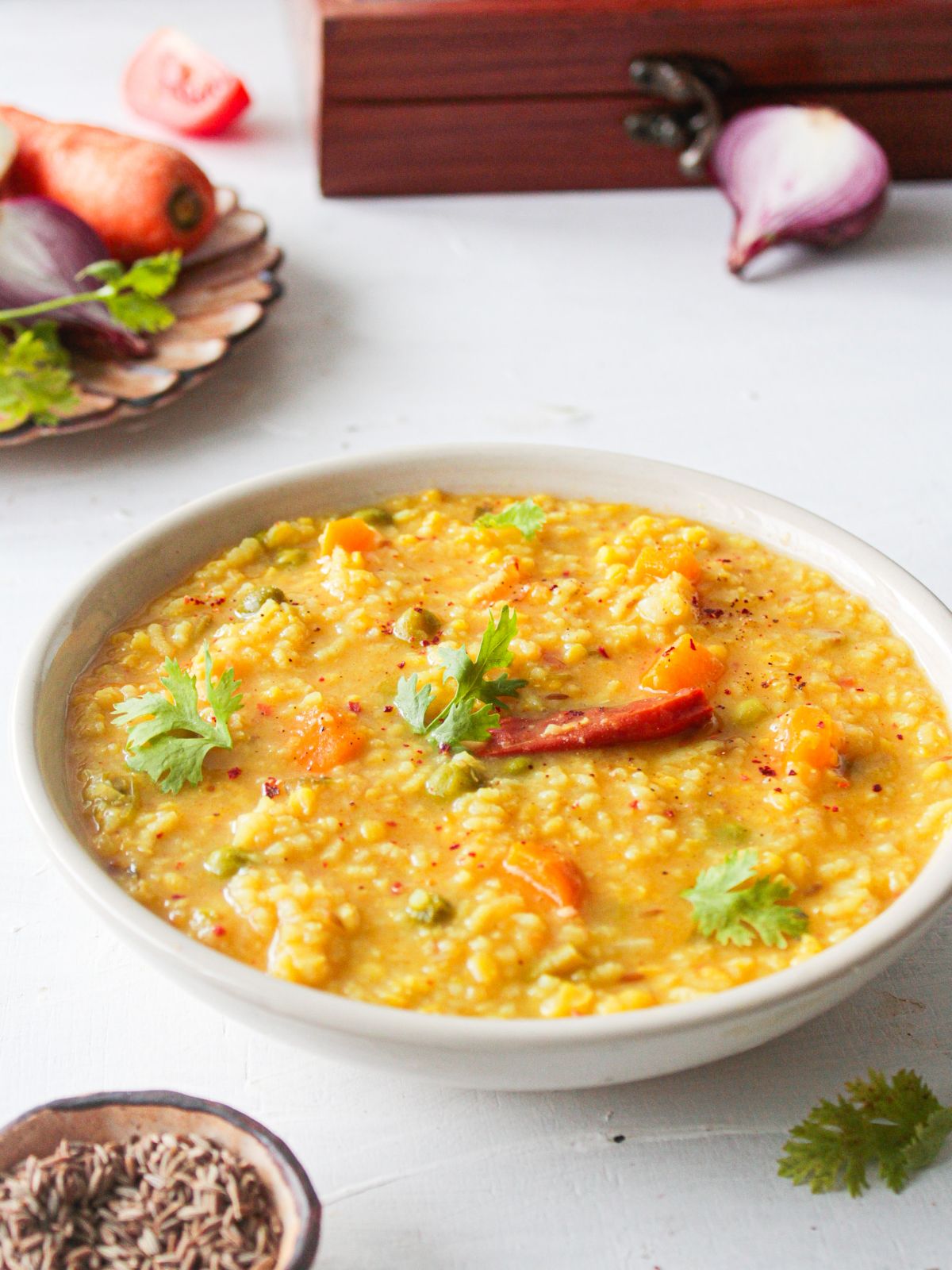 Indian style khichdi served on a white plate