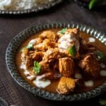 Dark green bowl filled with vindaloo chicken topped with cream and cilantro