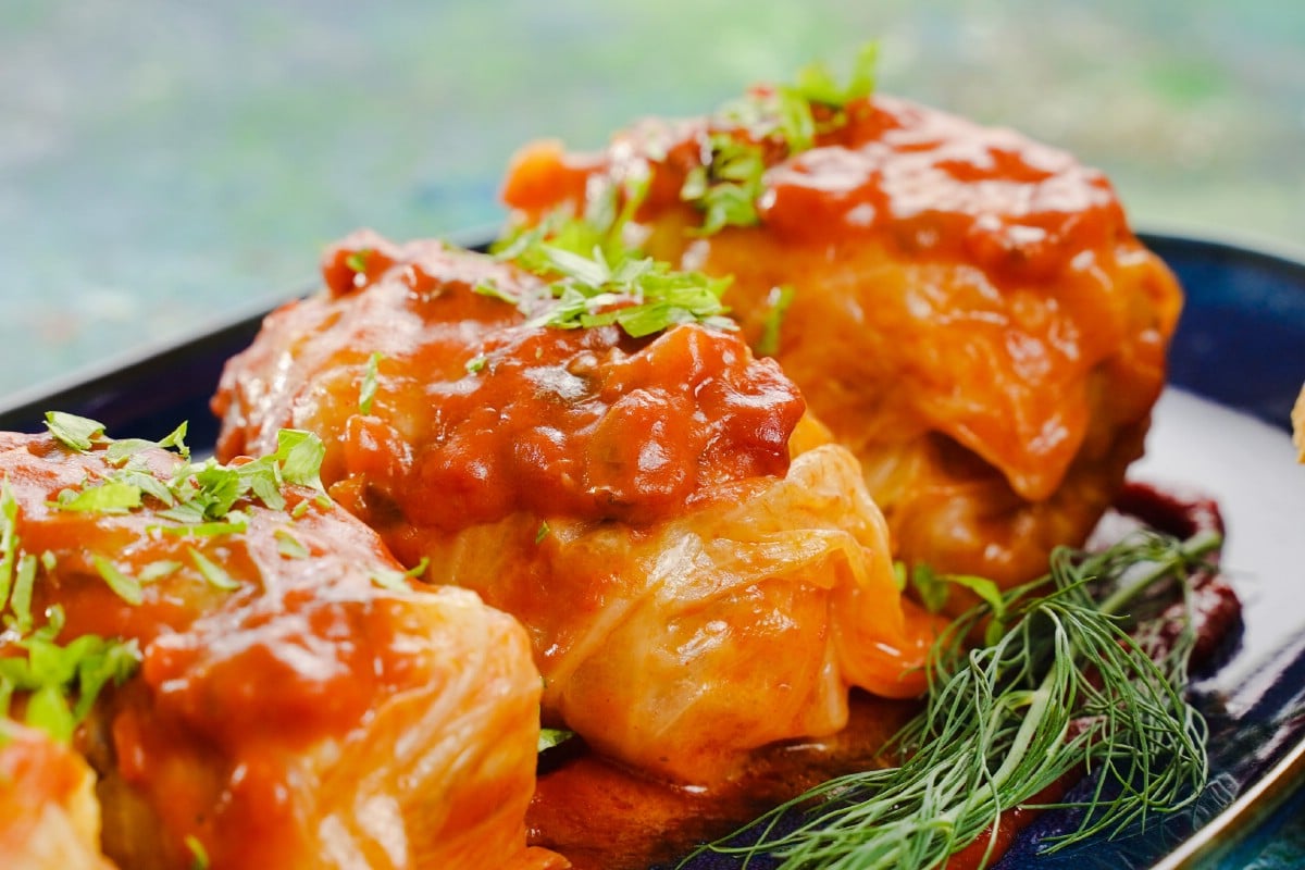 Cabbage rolls on blue plate with parsley and dill