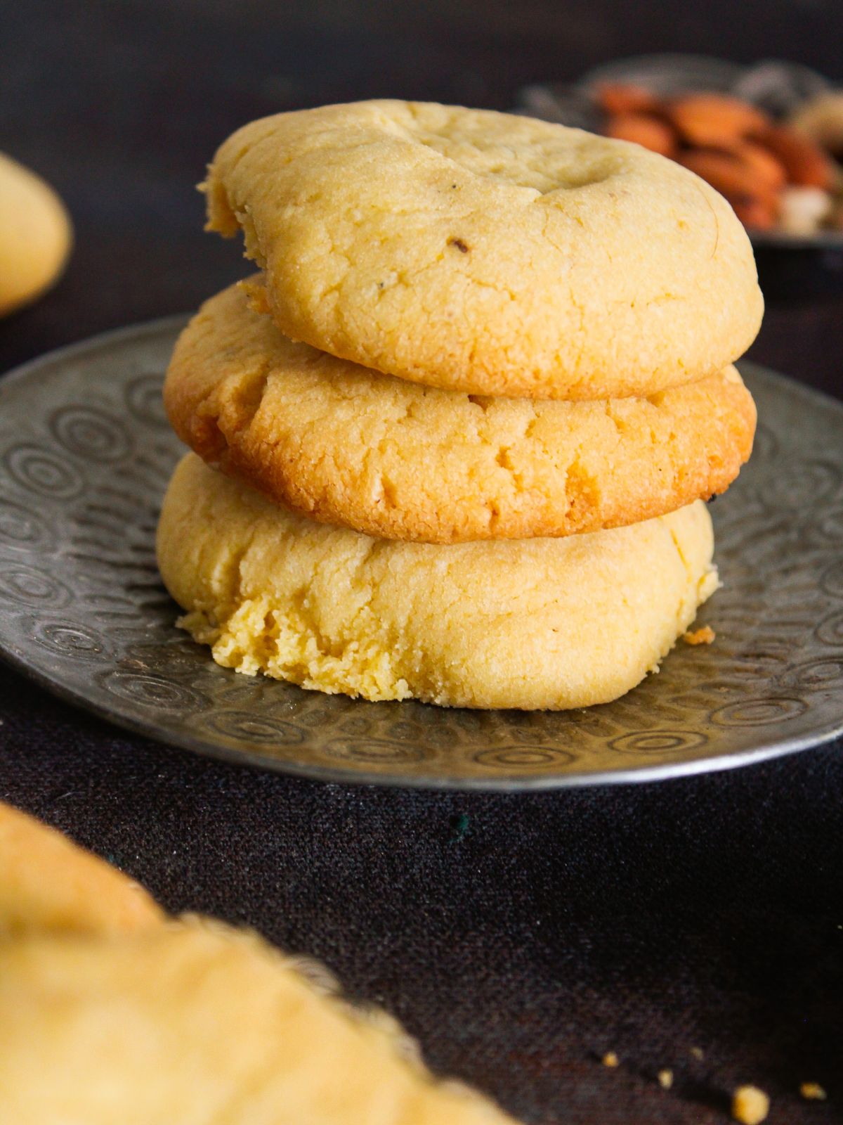 Stack of shortbread cookies on silver plate