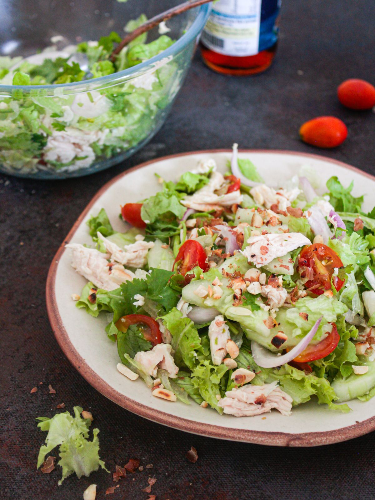 Plate of salad with chicken and tomatoes