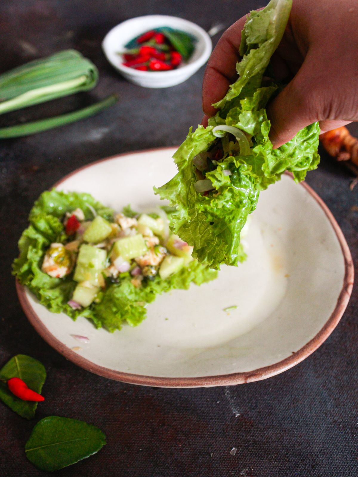 hand holding lettuce wrap above white plate with red rim