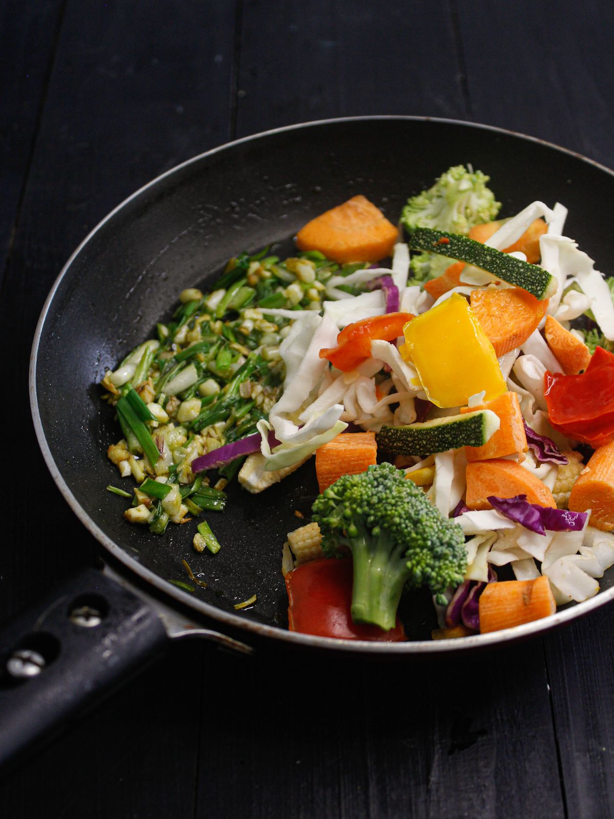 vegetables in skillet with herbs
